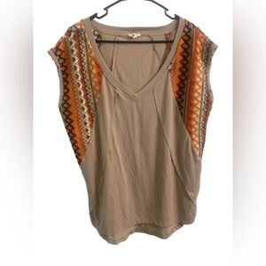 POL Tan and Orange Patterned Tank Top
